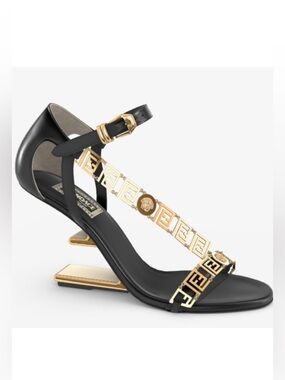 Fendi First Fendace  Black Leather T-Strap Heels with Gold Medusa Chain